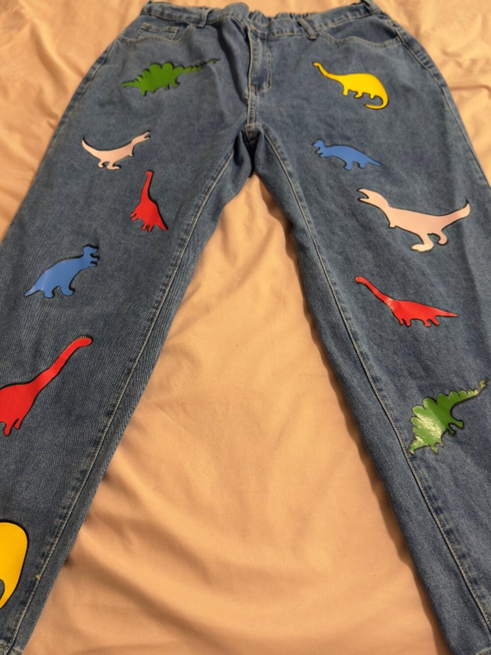 SHEIN Women’s Blue Wide Leg Jeans Colorful Dinosaur Print Denim Pre-Owned